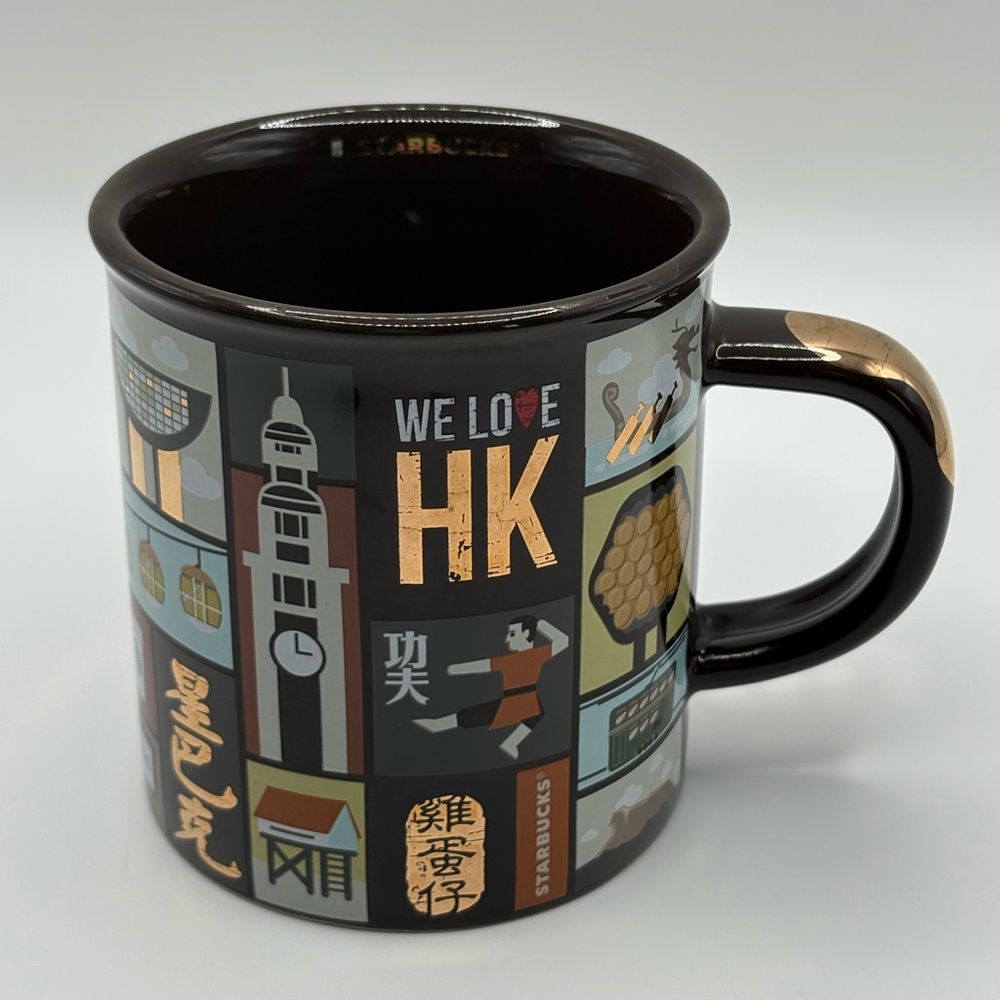 Starbucks  Hong Kong  New Bone China Coffee Tea Mug Cup Brown Gold Trim 12 oz